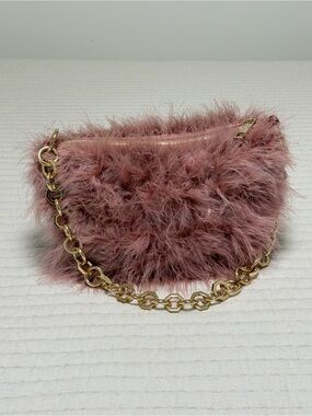 Topshop Dusty Rose Faux Fur Clutch with Gold Chain